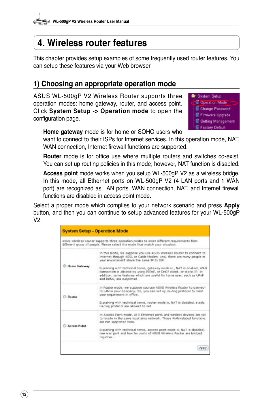 Wireless router features, 1) choosing an appropriate operation mode | Asus WL-500gP V2 User Manual | Page 15 / 55