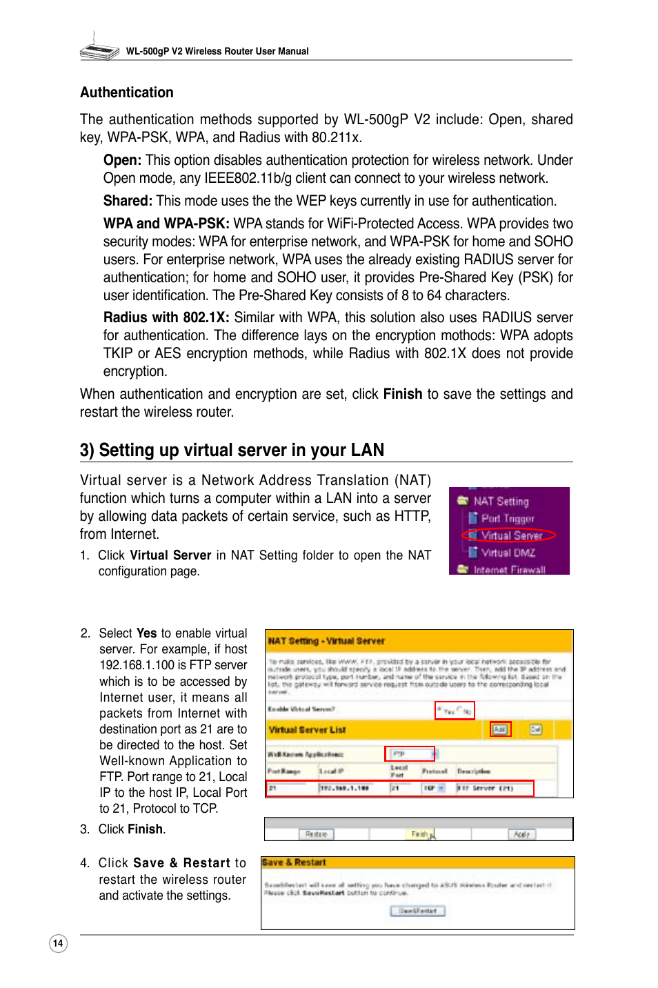 3) setting up virtual server in your lan | Asus WL-500gP V2 User Manual | Page 17 / 55