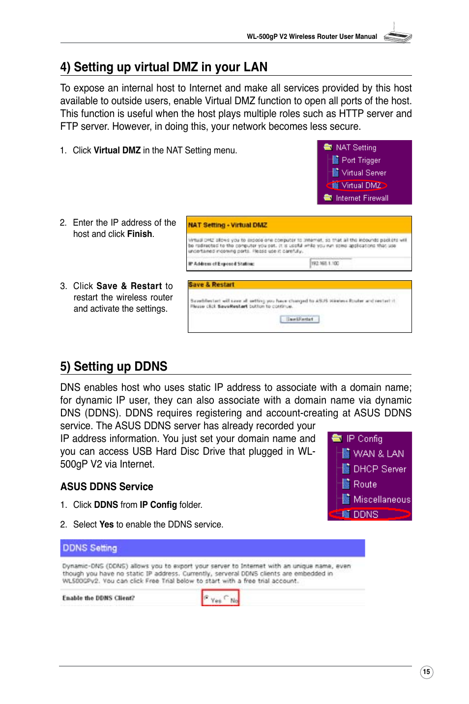 5) setting up ddns, 4) setting up virtual dmz in your lan | Asus WL-500gP V2 User Manual | Page 18 / 55