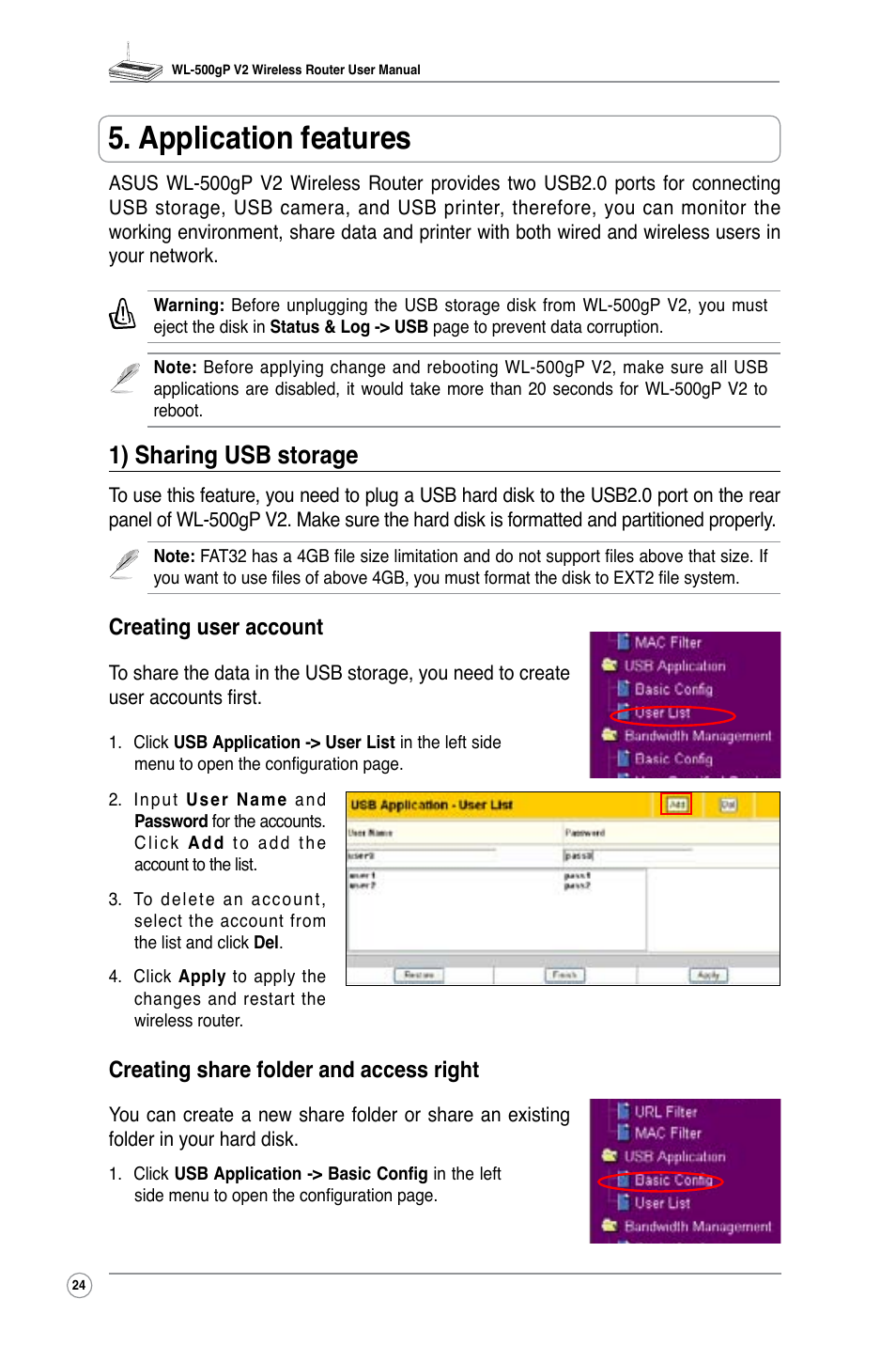 Application features, 1) sharing usb storage, Creating user account | Creating share folder and access right | Asus WL-500gP V2 User Manual | Page 27 / 55