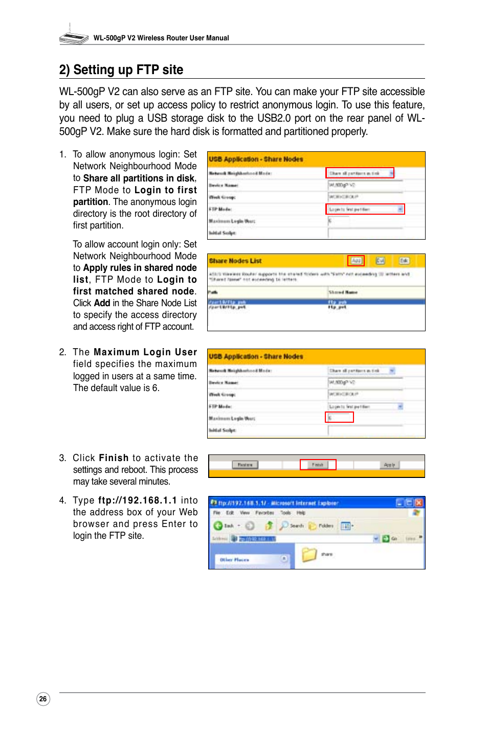 2) setting up ftp site | Asus WL-500gP V2 User Manual | Page 29 / 55