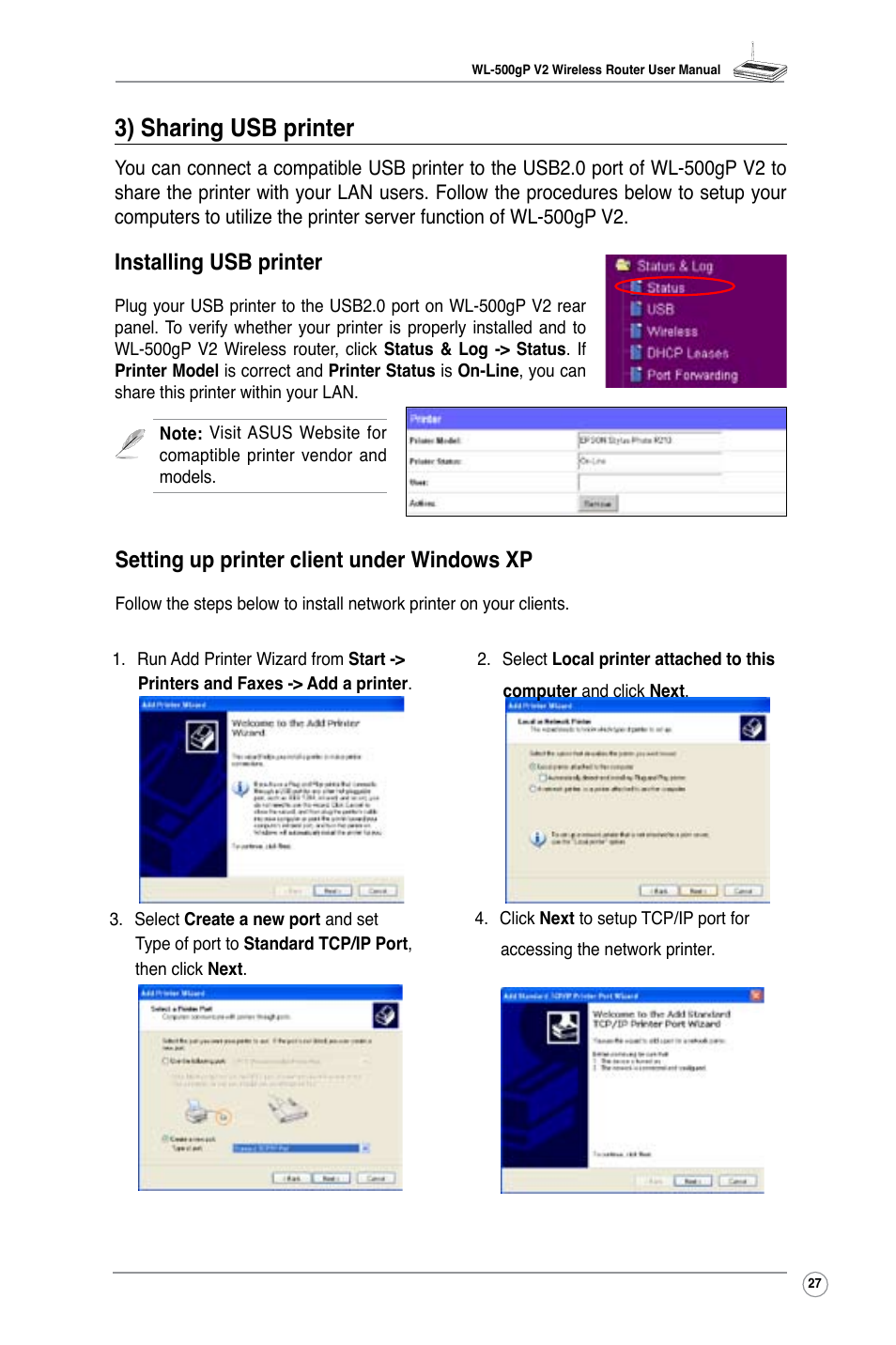 3) sharing usb printer, Installing usb printer, Setting up printer client under windows xp | Asus WL-500gP V2 User Manual | Page 30 / 55