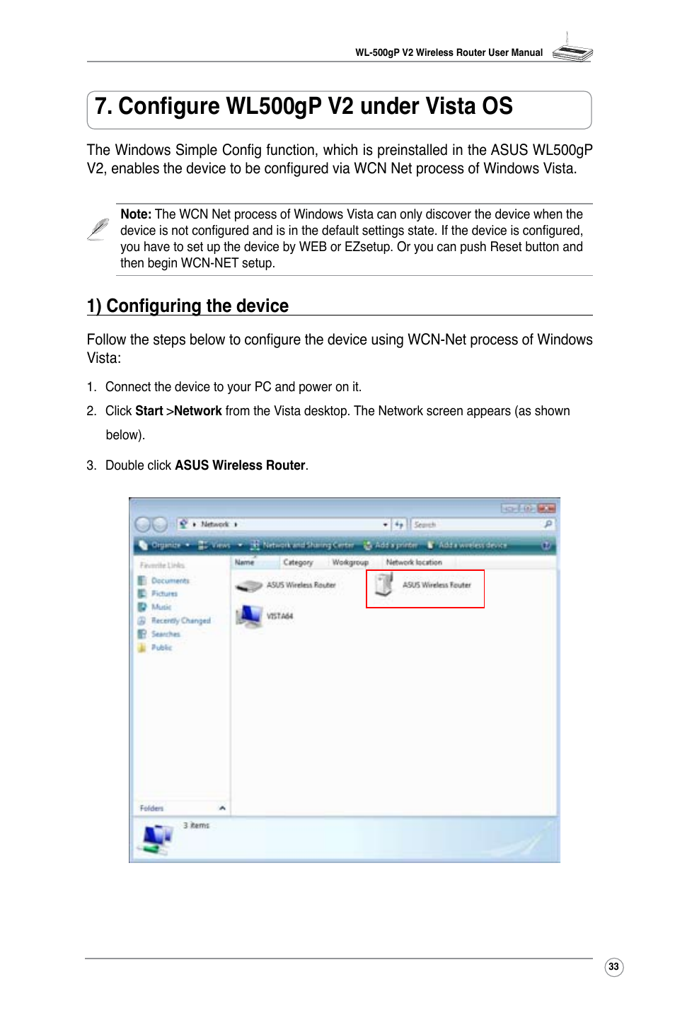 Configure wl500gp v2 under vista os, 1) configuring the device | Asus WL-500gP V2 User Manual | Page 36 / 55