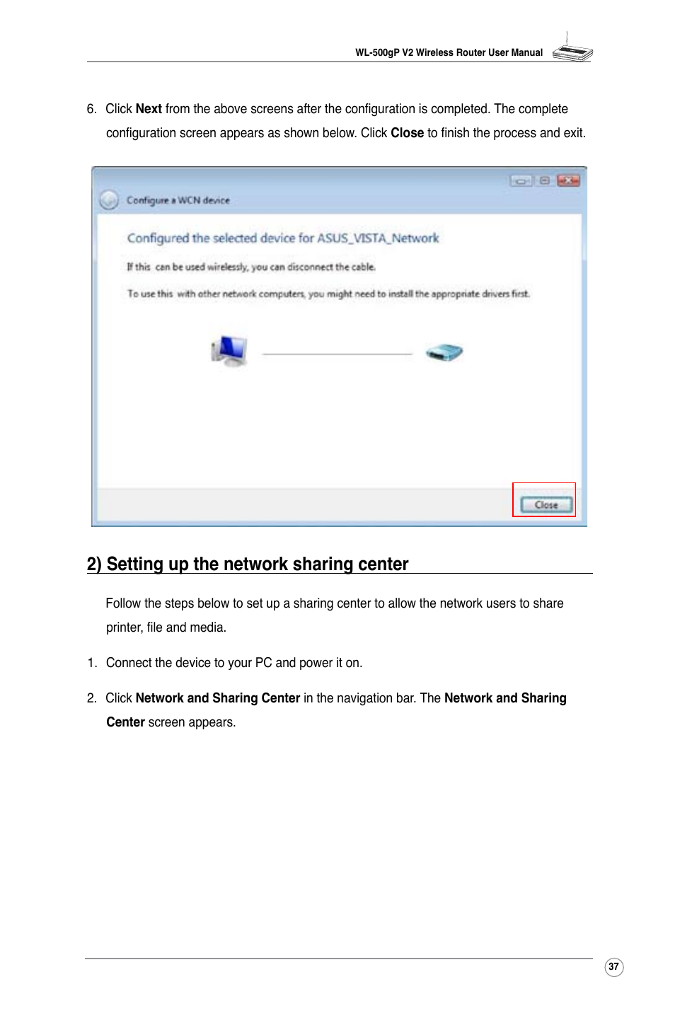 2) setting up the network sharing center | Asus WL-500gP V2 User Manual | Page 40 / 55