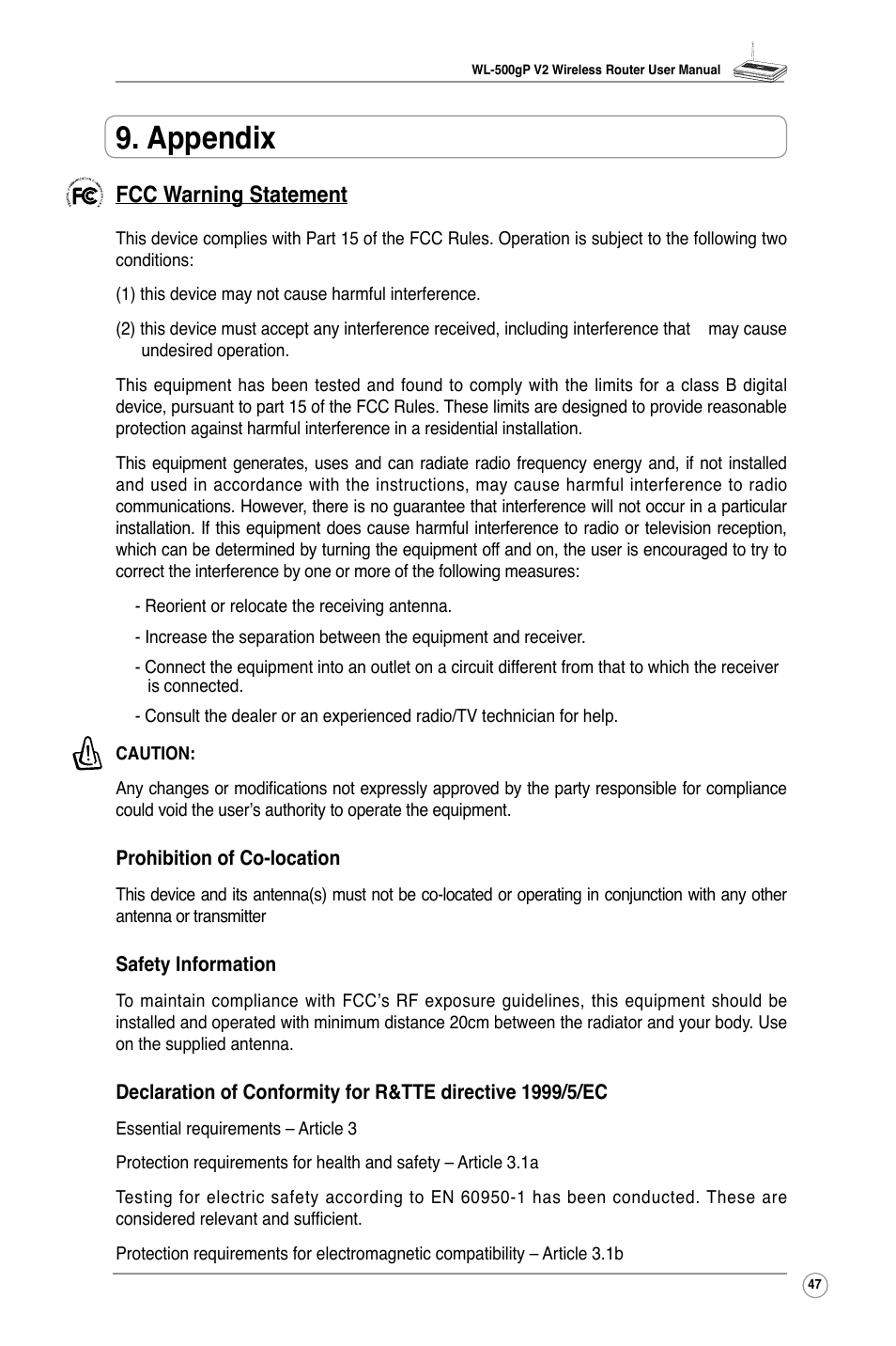 Appendix, Fcc warning statement | Asus WL-500gP V2 User Manual | Page 50 / 55