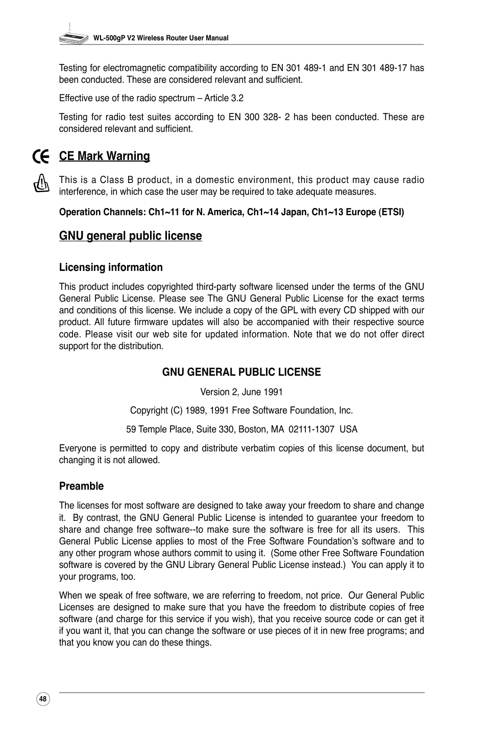 Ce mark warning, Gnu general public license | Asus WL-500gP V2 User Manual | Page 51 / 55