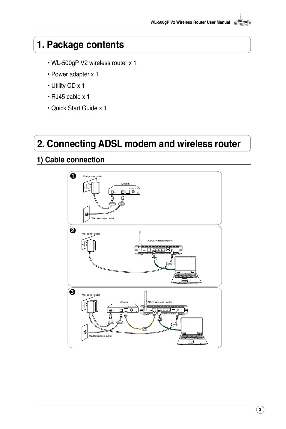 1) cable connection | Asus WL-500gP V2 User Manual | Page 6 / 55