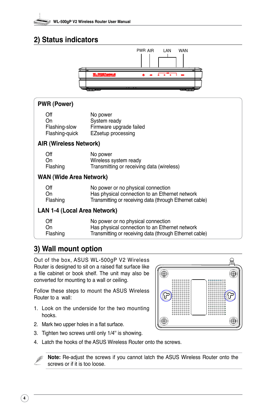 2) status indicators, 3) wall mount option | Asus WL-500gP V2 User Manual | Page 7 / 55