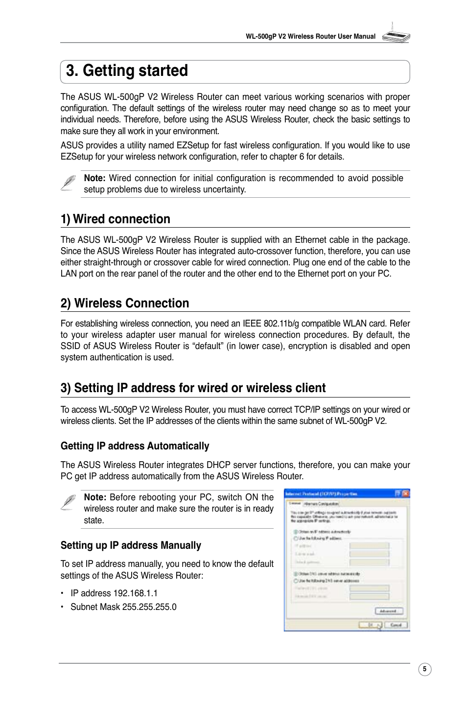 Getting started, 1) wired connection, 2) wireless connection | 3) setting ip address for wired or wireless client | Asus WL-500gP V2 User Manual | Page 8 / 55