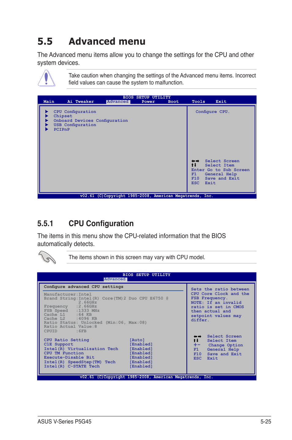 5 advanced menu, 1 cpu configuration, Advanced.menu -25 5.5.1 | Cpu configuration -25 | Asus V3-P5G45 User Manual | Page 101 / 120