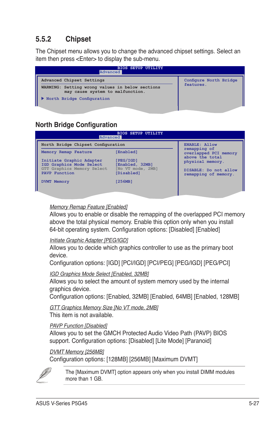 2 chipset, Chipset -27, Chipset | North bridge configuration, This item is not available | Asus V3-P5G45 User Manual | Page 103 / 120