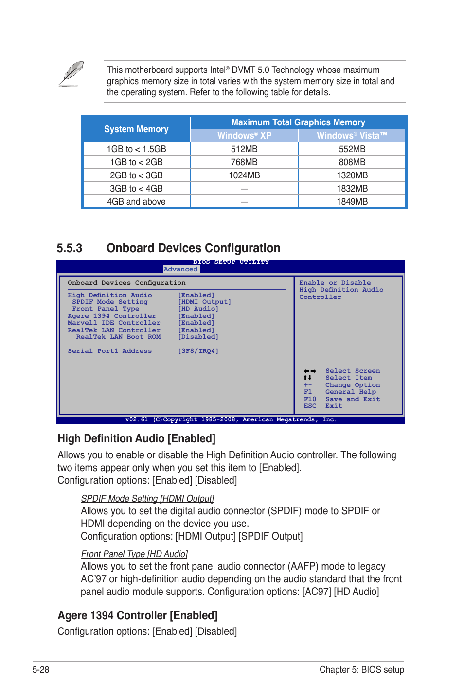3 onboard devices configuration, Onboard devices configuration -28, High definition audio [enabled | Agere.1394.controller.[enabled, Configuration options: [enabled] [disabled | Asus V3-P5G45 User Manual | Page 104 / 120