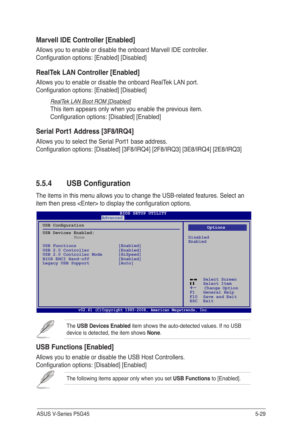 4 usb configuration, Usb configuration -29, Usb.functions.[enabled | Marvell.ide.controller.[enabled, Realtek.lan.controller.[enabled, Serial.port1.address.[3f8/irq4 | Asus V3-P5G45 User Manual | Page 105 / 120