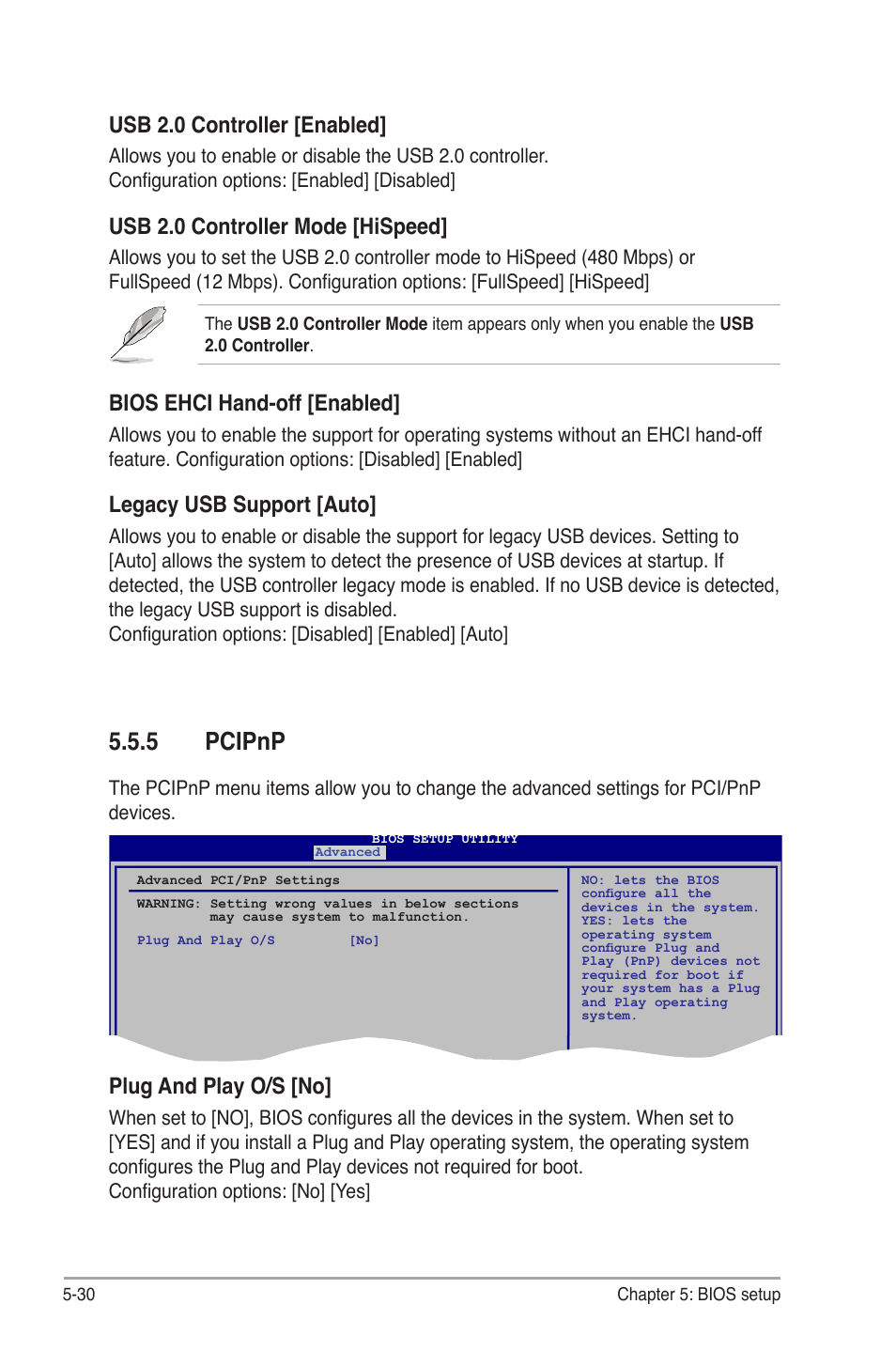 5 pcipnp, Pcipnp -30, Pcipnp | Usb.2.0.controller.[enabled, Usb.2.0.controller.mode.[hispeed, Bios.ehci.hand-off.[enabled, Plug.and.play.o/s.[no | Asus V3-P5G45 User Manual | Page 106 / 120