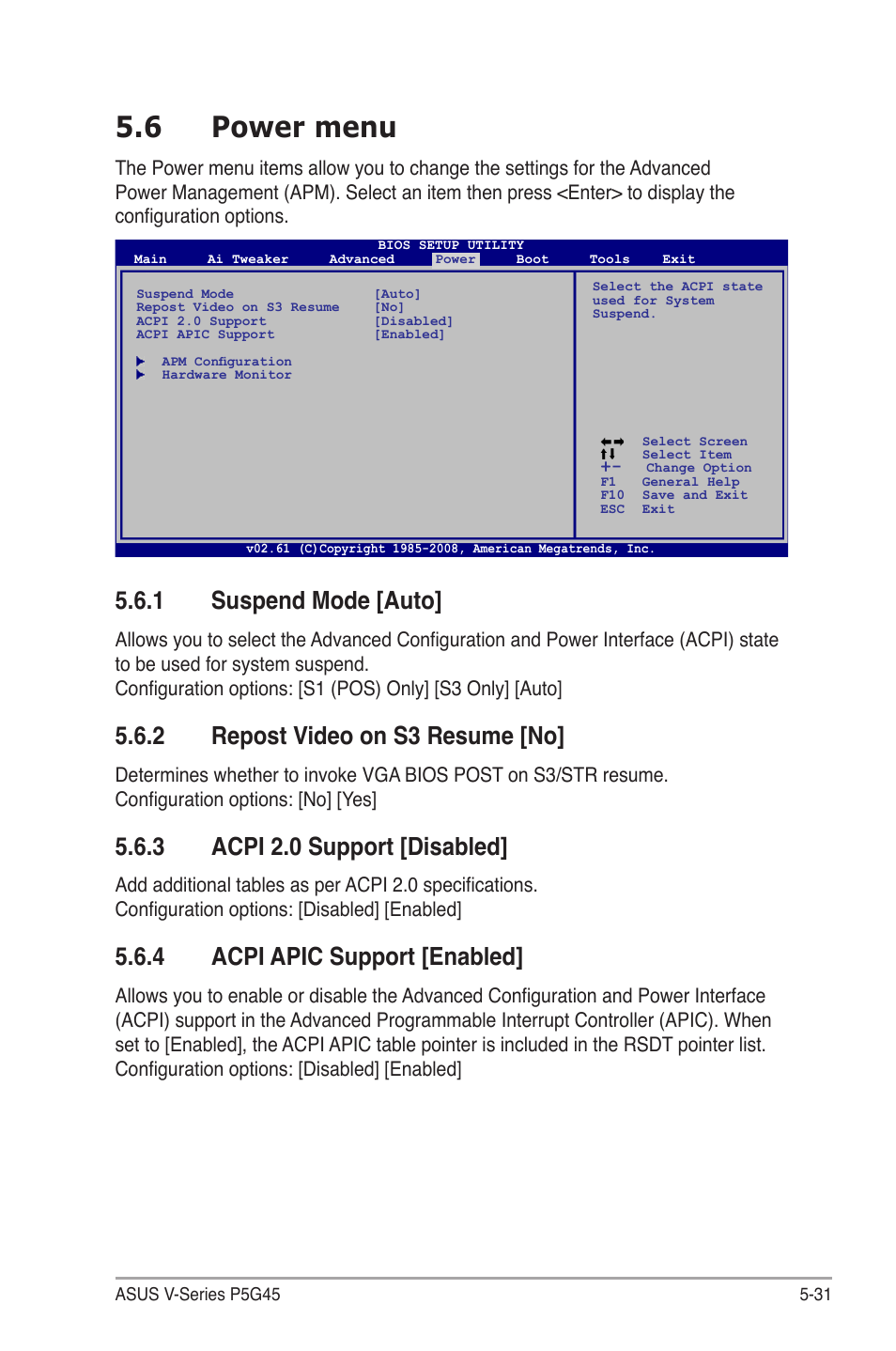 6 power menu, 1 suspend mode, 2 repost video on s3 resume | 3 acpi 2.0 support, 4 acpi apic support, Power.menu -31 5.6.1, Suspend mode -31, Repost video on s3 resume -31, Acpi 2.0 support -31, Acpi apic support -31 | Asus V3-P5G45 User Manual | Page 107 / 120