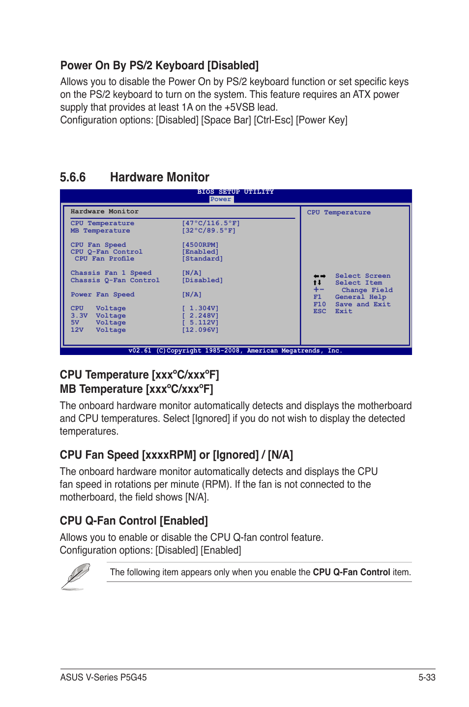 6 hardware monitor, Hardware monitor -33, Hardware.monitor | Cpu.q-fan.control.[enabled, Power.on.by.ps/2.keyboard.[disabled | Asus V3-P5G45 User Manual | Page 109 / 120