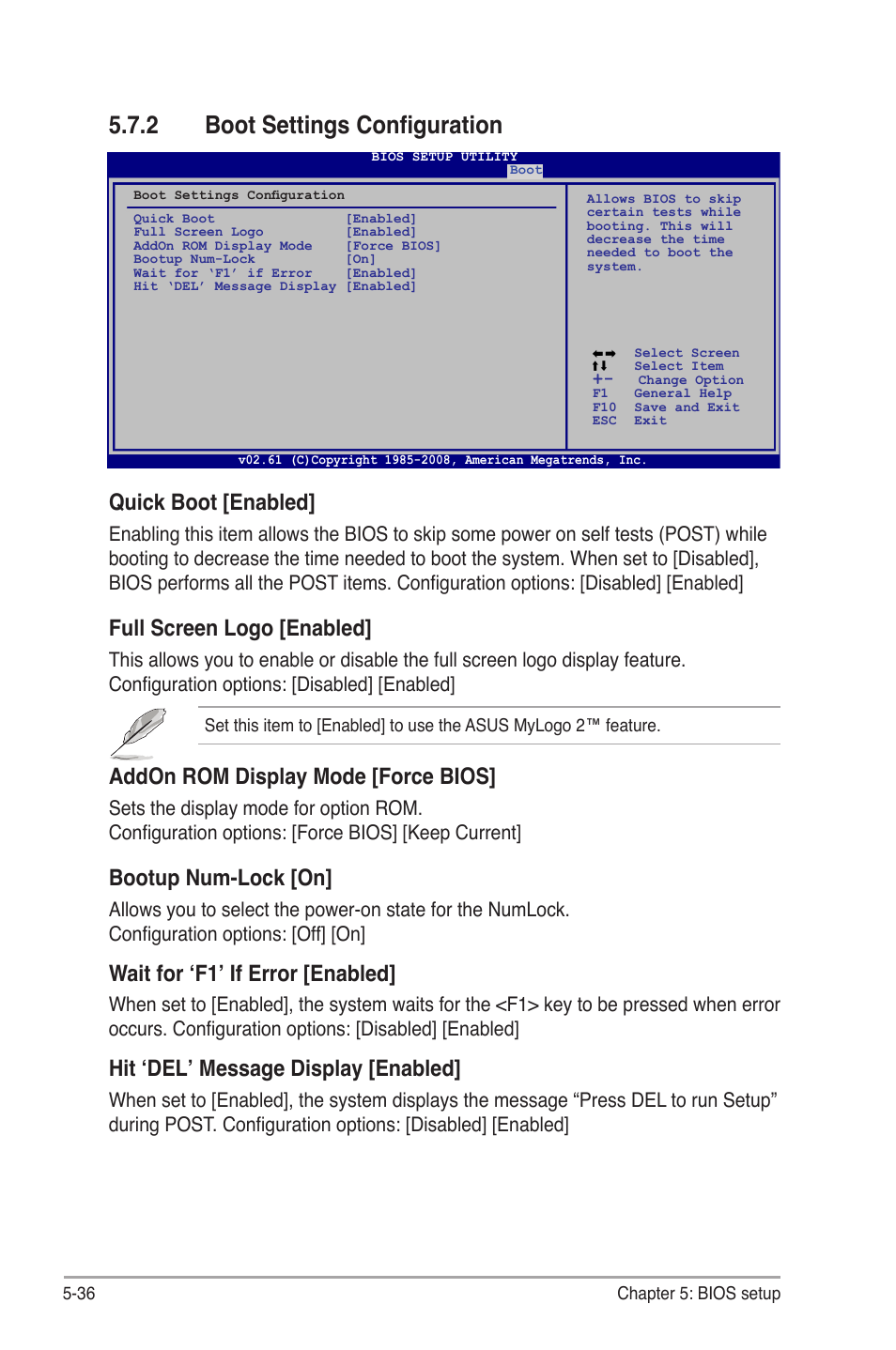 2 boot settings configuration, Boot settings configuration -36, Quick.boot.[enabled | Full.screen.logo.[enabled, Addon.rom.display.mode.[force.bios, Bootup.num-lock.[on, Wait.for.‘f1’.if.error.[enabled, Hit.‘del’.message.display.[enabled | Asus V3-P5G45 User Manual | Page 112 / 120