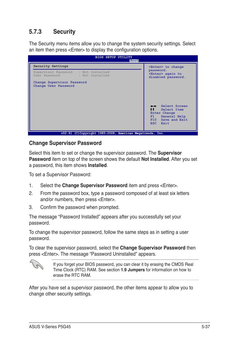3 security, Security -37, Security | Change.supervisor.password | Asus V3-P5G45 User Manual | Page 113 / 120