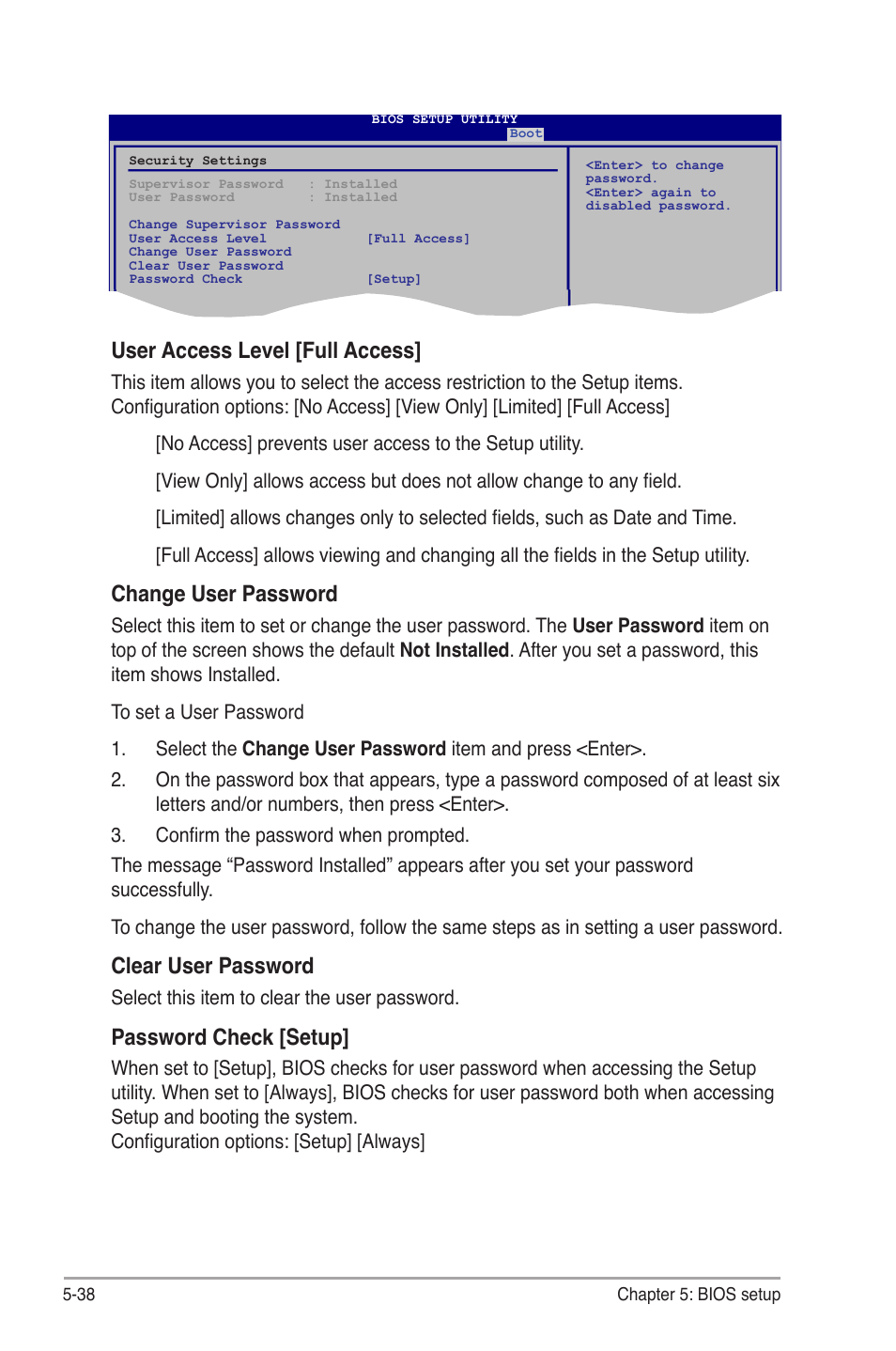 User.access.level.[full.access, Password.check.[setup | Asus V3-P5G45 User Manual | Page 114 / 120