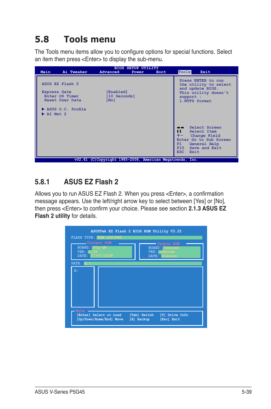8 tools menu, 1 asus ez flash 2, Tools.menu -39 5.8.1 | Asus ez flash 2 -39, Asus.ez.flash.2 | Asus V3-P5G45 User Manual | Page 115 / 120
