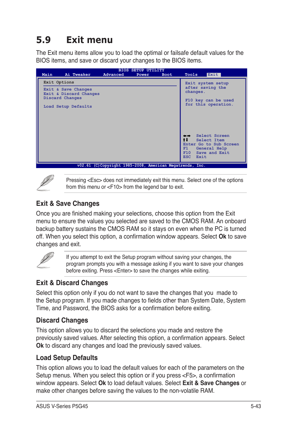 9 exit menu, Exit.menu -43, Exit.&.save.changes | Exit.&.discard.changes, Discard.changes, Load.setup.defaults | Asus V3-P5G45 User Manual | Page 119 / 120