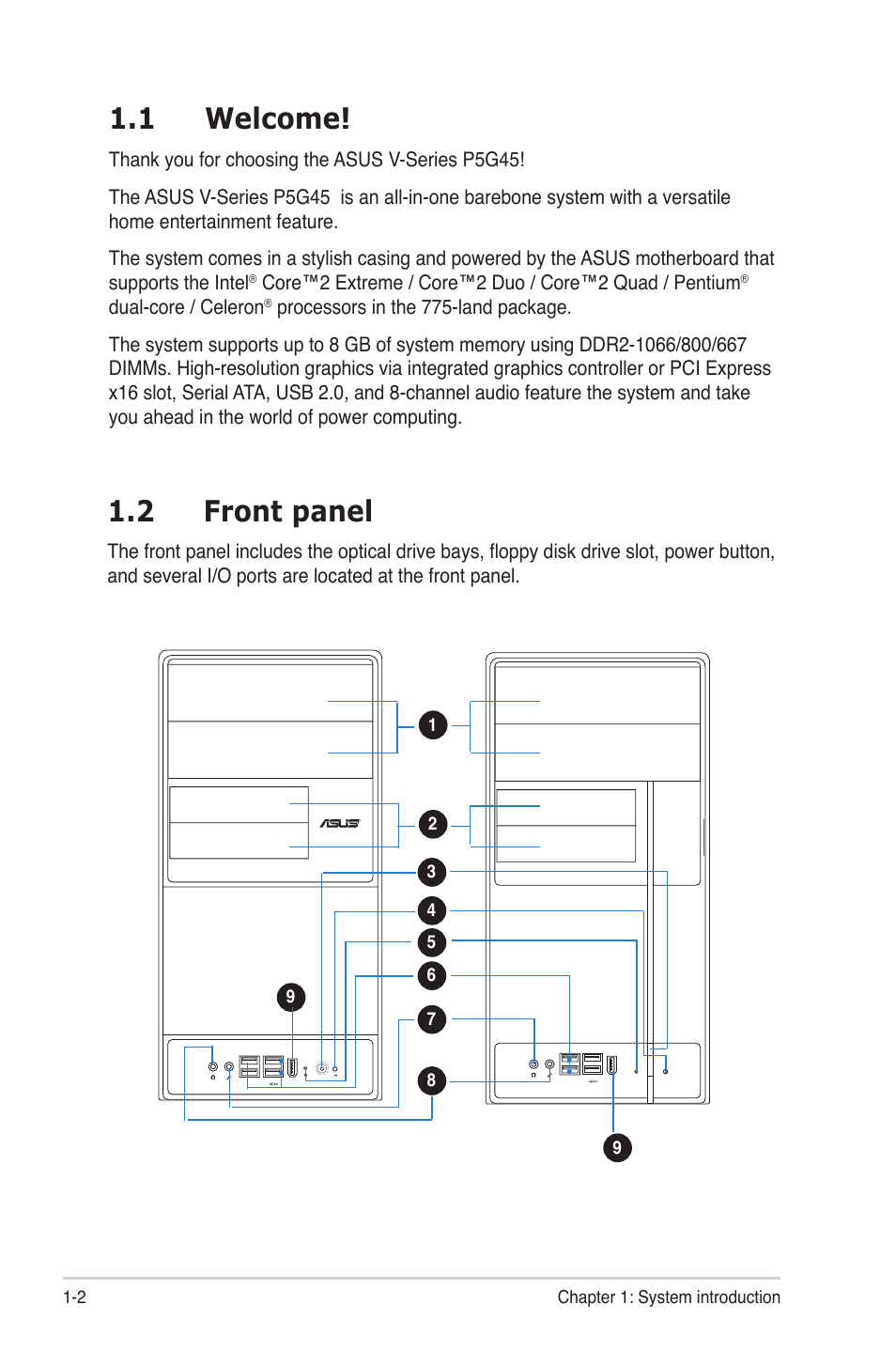 1 welcome, 2 front panel, Welcome! -2 | Front.panel -2 | Asus V3-P5G45 User Manual | Page 12 / 120