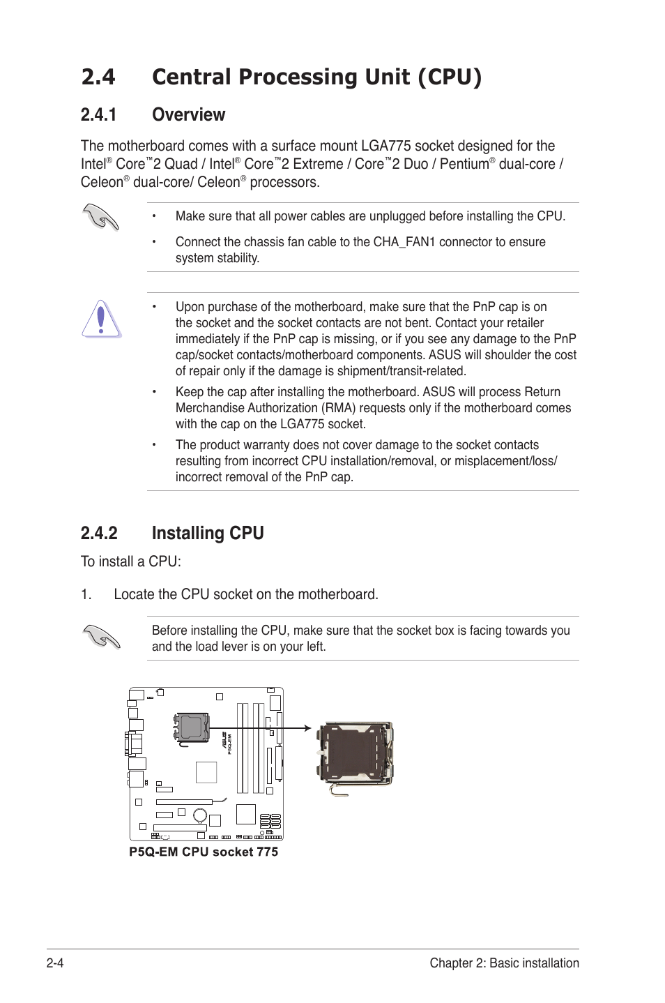 4 central processing unit (cpu), 1 overview, 2 installing cpu | Central.processing.unit.(cpu) -4 2.4.1, Overview -4, Installing cpu -4, Overview 2.4.2. installing.cpu | Asus V3-P5G45 User Manual | Page 22 / 120