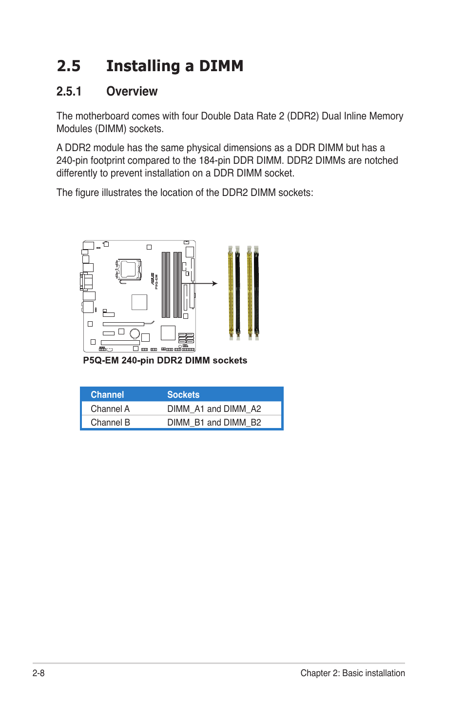 5 installing a dimm, 1 overview, Installing.a.dimm -8 2.5.1 | Overview -8, 5 installing a �imm installing a �imm | Asus V3-P5G45 User Manual | Page 26 / 120