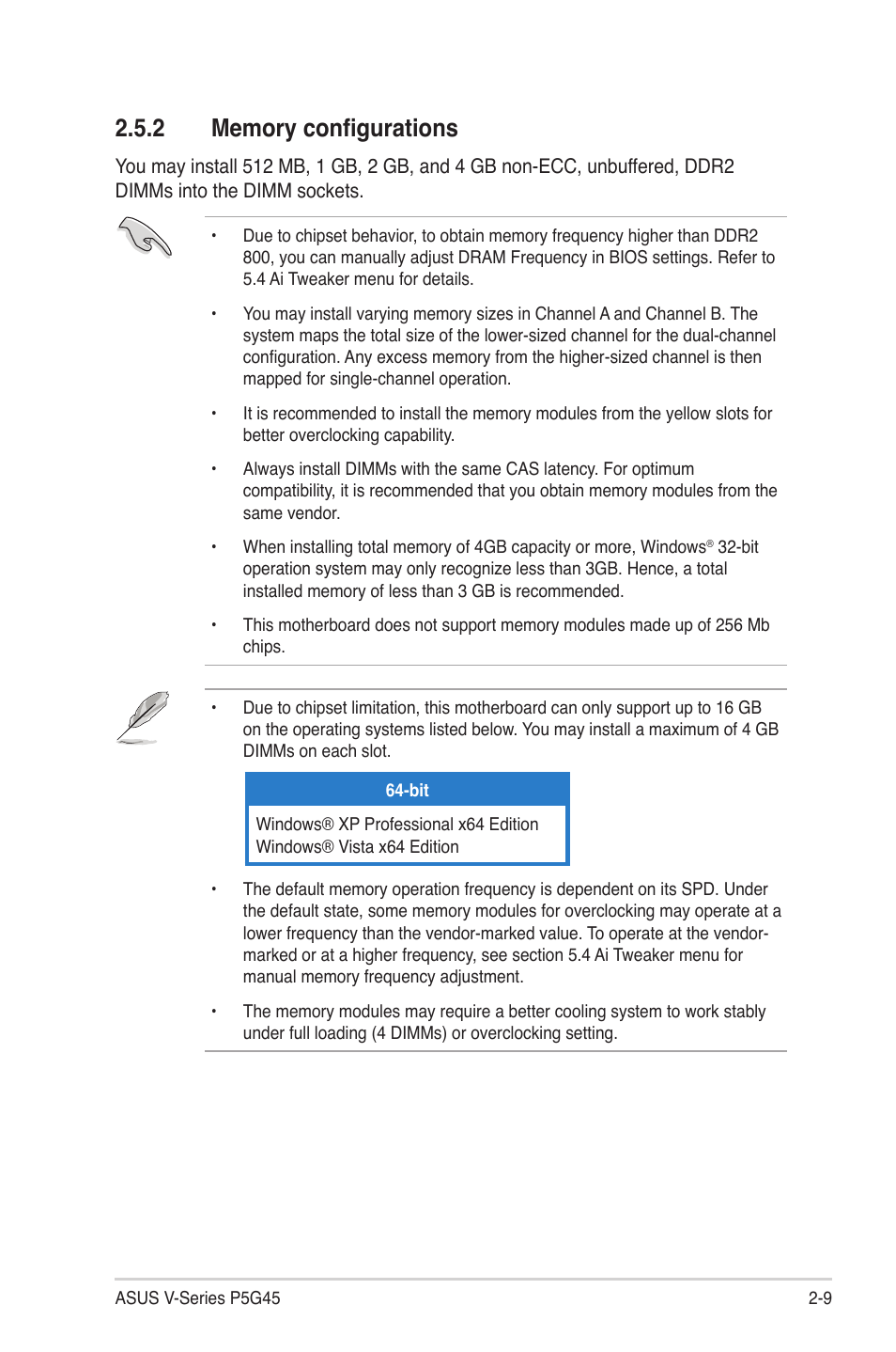 2 memory configurations, Memory configurations -9 | Asus V3-P5G45 User Manual | Page 27 / 120