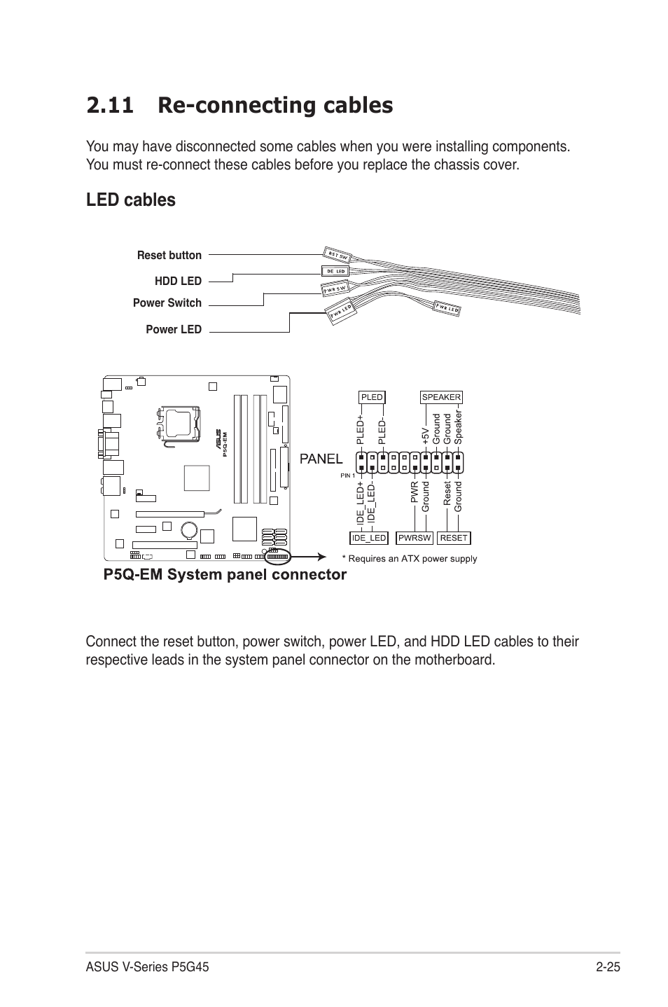 11 re-connecting cables, Re-connecting.cables -25, Led.cables | Asus V3-P5G45 User Manual | Page 43 / 120