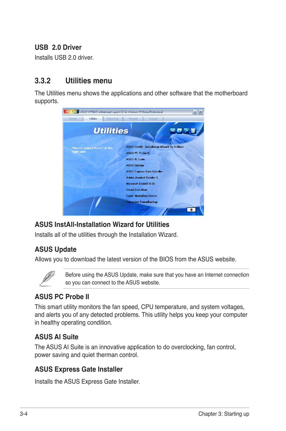 2 utilities menu, Utilities menu -4, Utilities.menu | Asus V3-P5G45 User Manual | Page 48 / 120