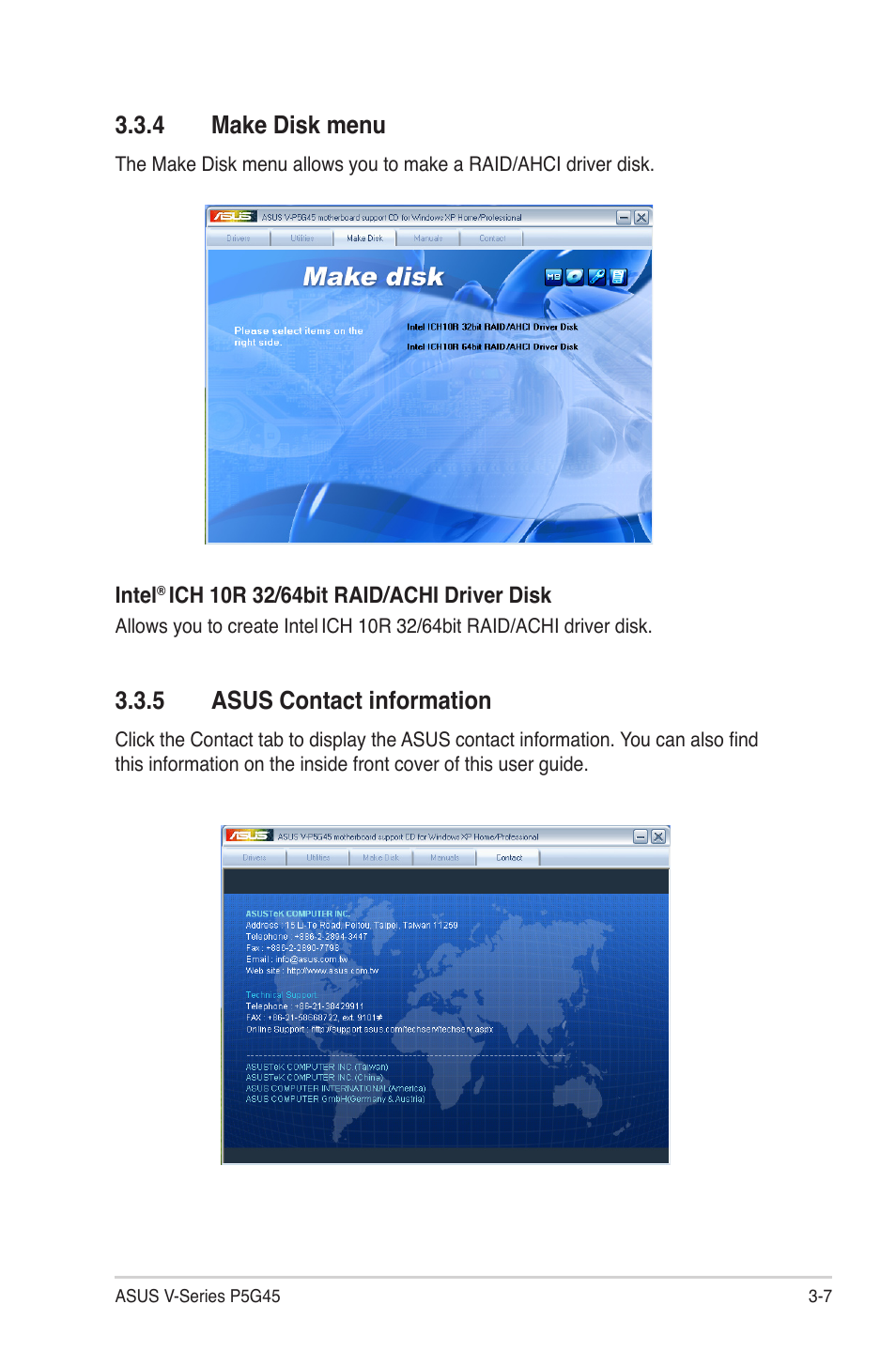 4 make disk menu, 5 asus contact information, Make disk menu -7 | Asus contact information -7, Asus.contact.information, Make.disk.menu | Asus V3-P5G45 User Manual | Page 51 / 120
