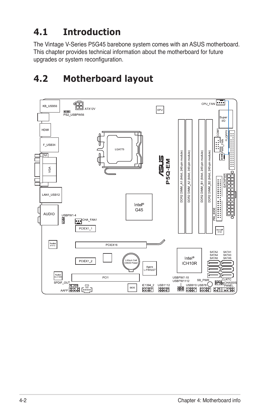 1 introduction, 2 motherboard layout, Introduction -2 | Motherboard.layout -2 | Asus V3-P5G45 User Manual | Page 62 / 120
