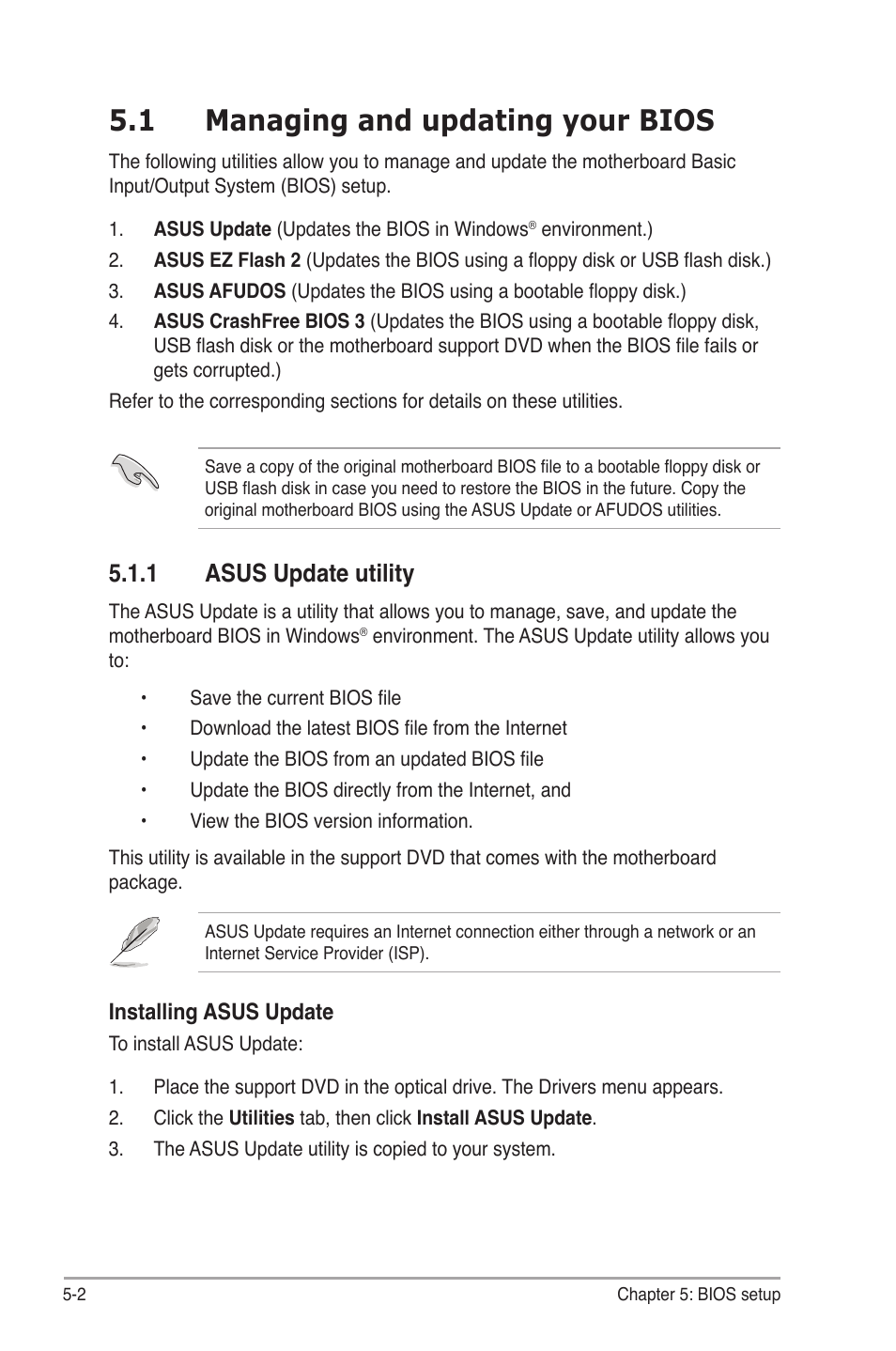 1 managing and updating your bios, 1 asus update utility, Managing.and.updating.your.bios -2 5.1.1 | Asus update utility -2, Asus.update.utility | Asus V3-P5G45 User Manual | Page 78 / 120