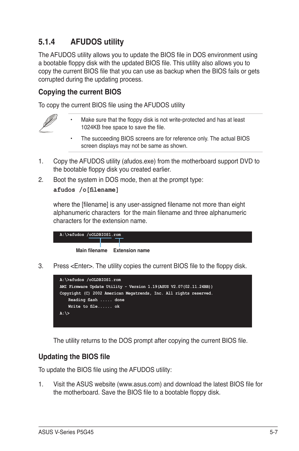 4 afudos utility, Afudos utility -7, Afudos.utility | Copying.the.current.bios, Updating the bios file | Asus V3-P5G45 User Manual | Page 83 / 120