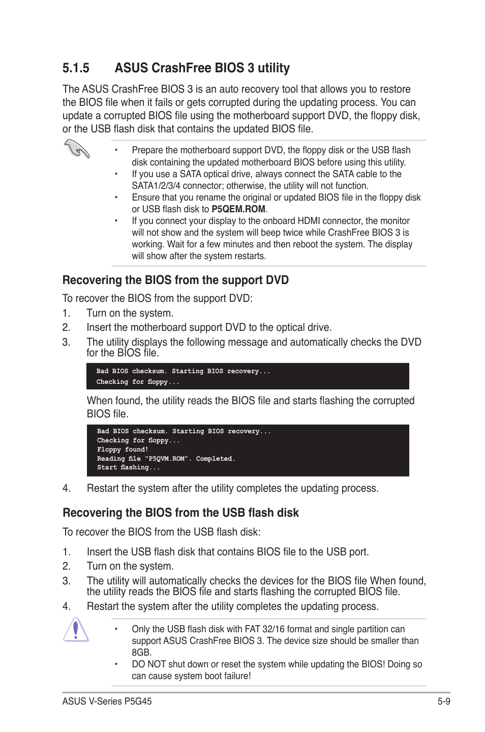 5 asus crashfree bios 3 utility, Asus crashfree bios 3 utility -9, Asus.crashfree.bios.3.utility | Recovering.the.bios.from.the.support.dvd, Recovering the bios from the usb flash disk | Asus V3-P5G45 User Manual | Page 85 / 120