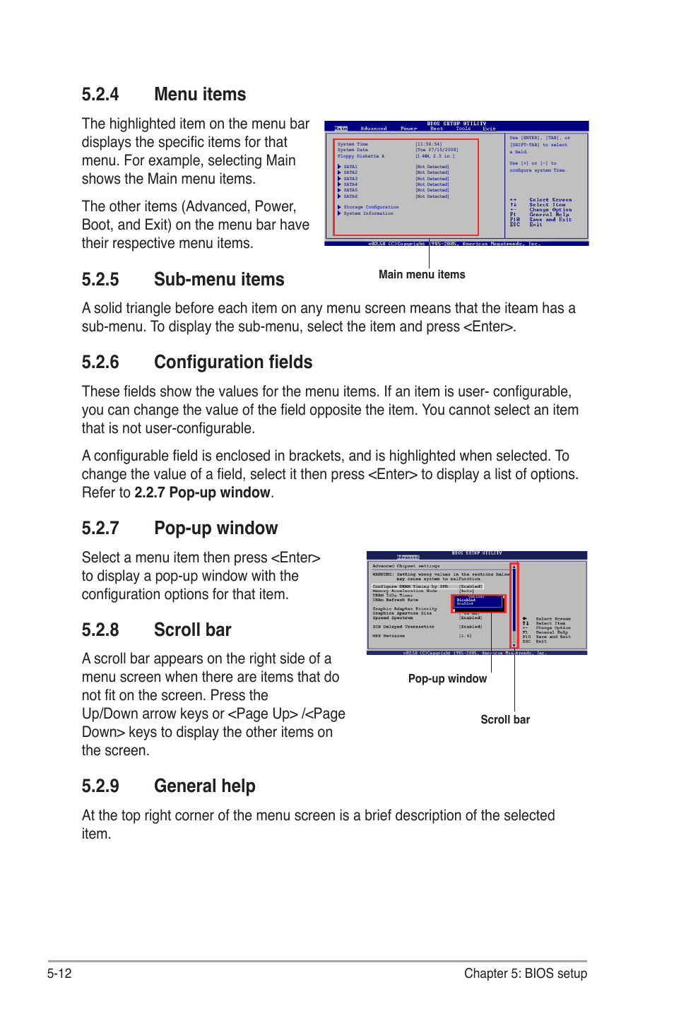 4 menu items, 5 sub-menu items, 6 configuration fields | 7 pop-up window, 8 scroll bar, 9 general help, Menu items -12, Sub-menu items -12, Configuration fields -12, Pop-up window -12 | Asus V3-P5G45 User Manual | Page 88 / 120