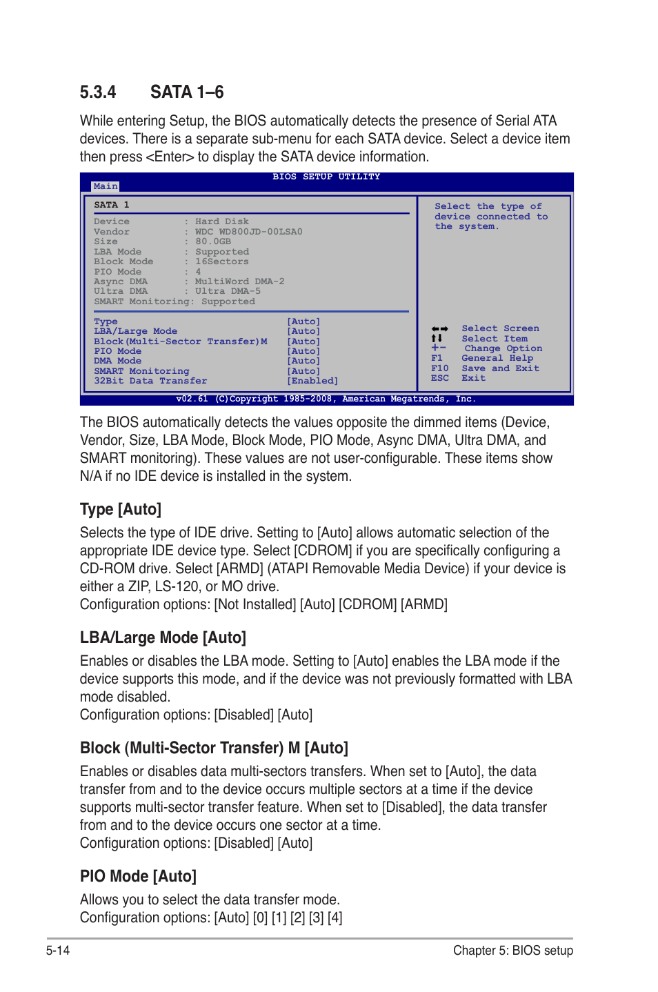 4 sata 1–6, Sata 1–6 -14, Sata.1–6 | Type.[auto, Lba/large.mode.[auto, Block.(multi-sector.transfer).m.[auto, Pio.mode.[auto | Asus V3-P5G45 User Manual | Page 90 / 120
