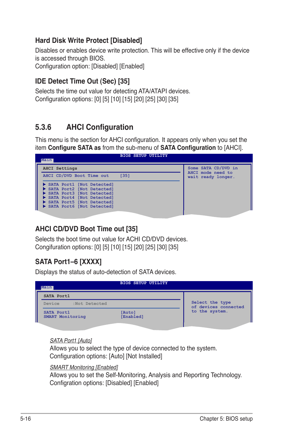 6 ahci configuration, Ahci configuration -16, Hard.disk.write.protect.[disabled | Ide.detect.time.out.(sec).[35, Ahci.cd/dvd.boot.time.out.[35 | Asus V3-P5G45 User Manual | Page 92 / 120