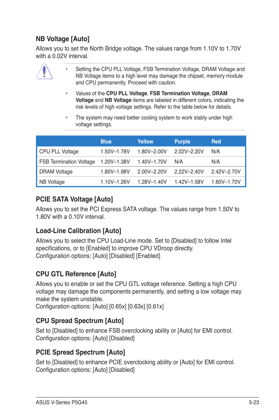 Nb.voltage.[auto, Pcie.sata.voltage.[auto, Load-line.calibration.[auto | Cpu.gtl.reference.[auto, Cpu.spread.spectrum.[auto, Pcie.spread.spectrum.[auto | Asus V3-P5G45 User Manual | Page 99 / 120