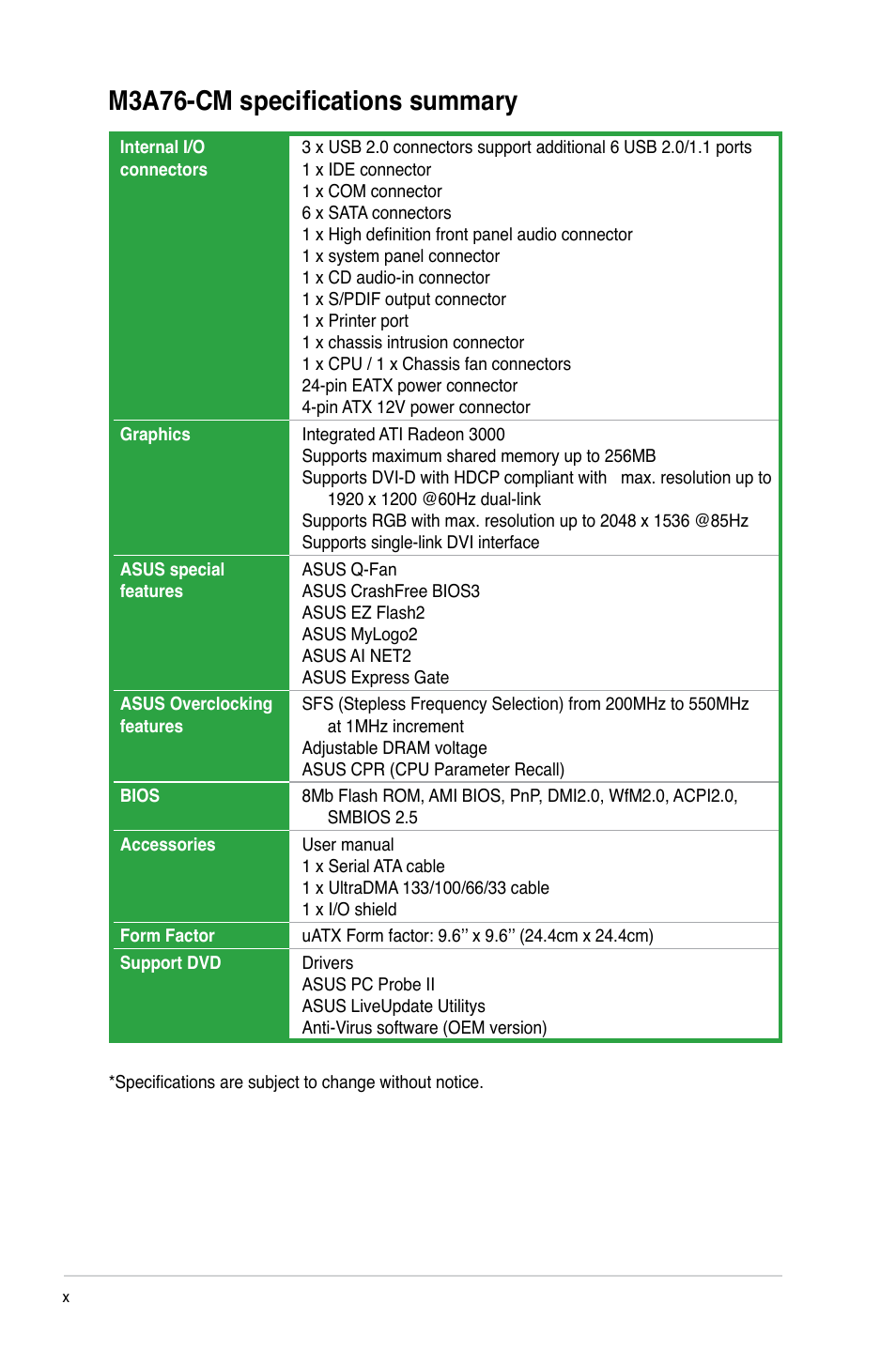 M3a76-cm specifications summary | Asus M3A76-CM User Manual | Page 10 / 60