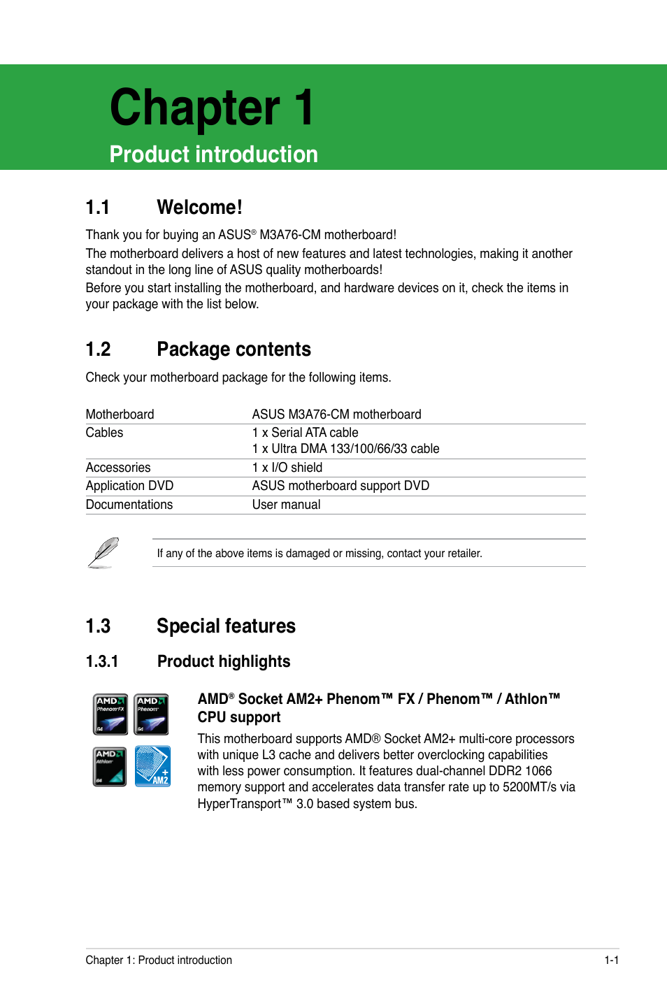 Product introduction, 1 welcome, 2 package contents | 3 special features, 1 product highlights, Welcome! -1, Package contents -1, Special features -1 1.3.1, Product highlights -1, Chapter 1 | Asus M3A76-CM User Manual | Page 11 / 60