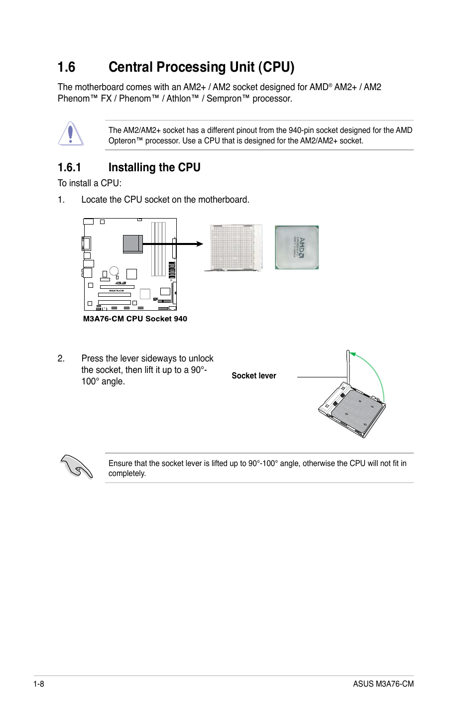 6 central processing unit (cpu), 1 installing the cpu, Central processing unit (cpu) -8 1.6.1 | Installing the cpu -8 | Asus M3A76-CM User Manual | Page 18 / 60