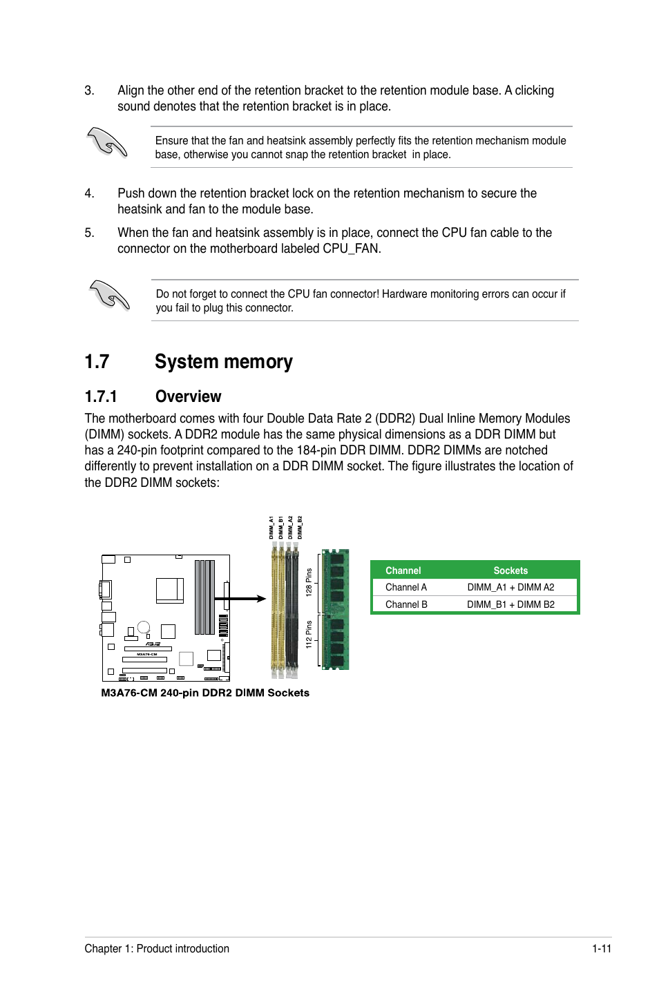 7 system memory, 1 overview, System memory -11 1.7.1 | Overview -11 | Asus M3A76-CM User Manual | Page 21 / 60