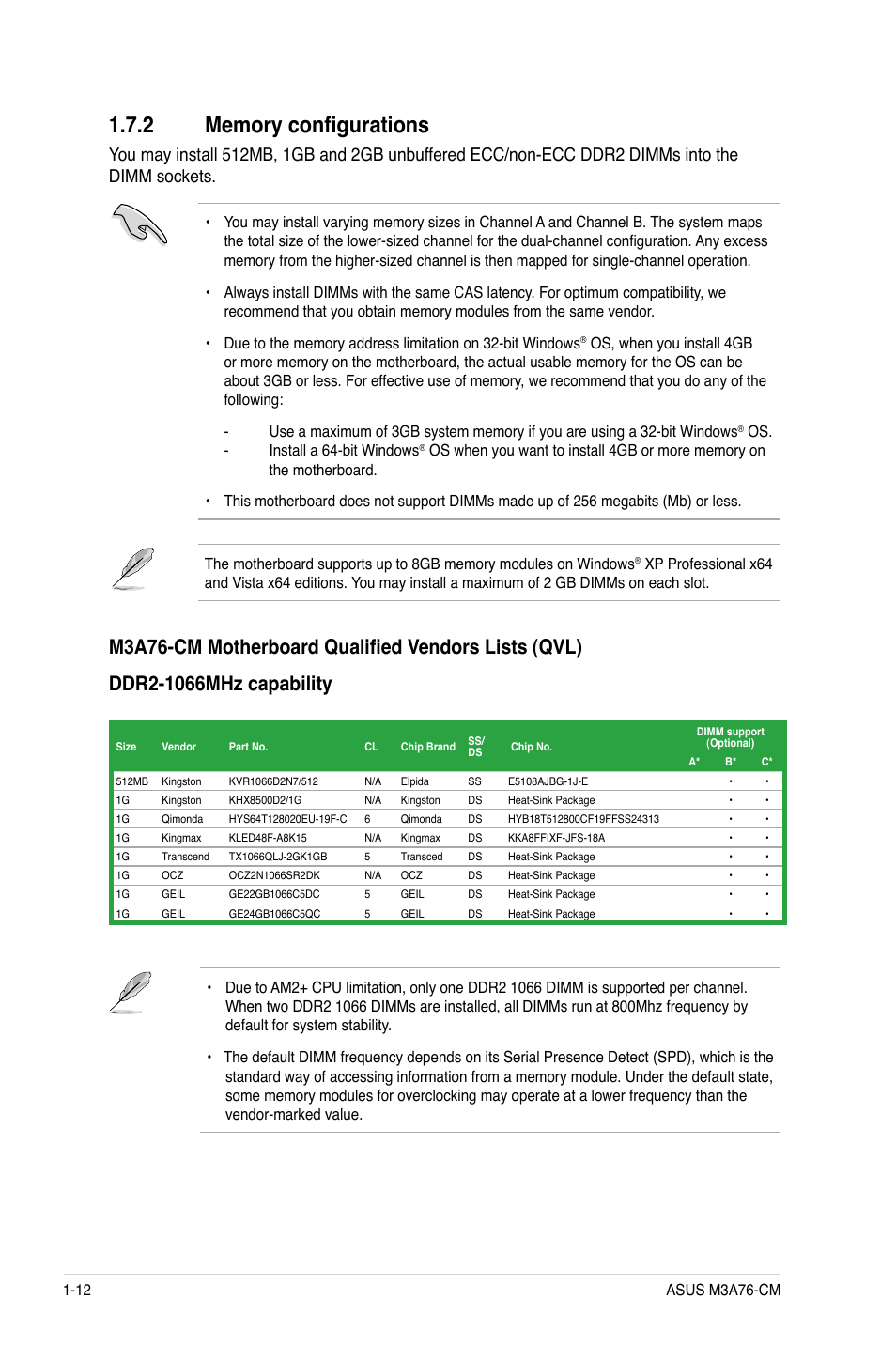 2 memory configurations, Memory configurations -12 | Asus M3A76-CM User Manual | Page 22 / 60