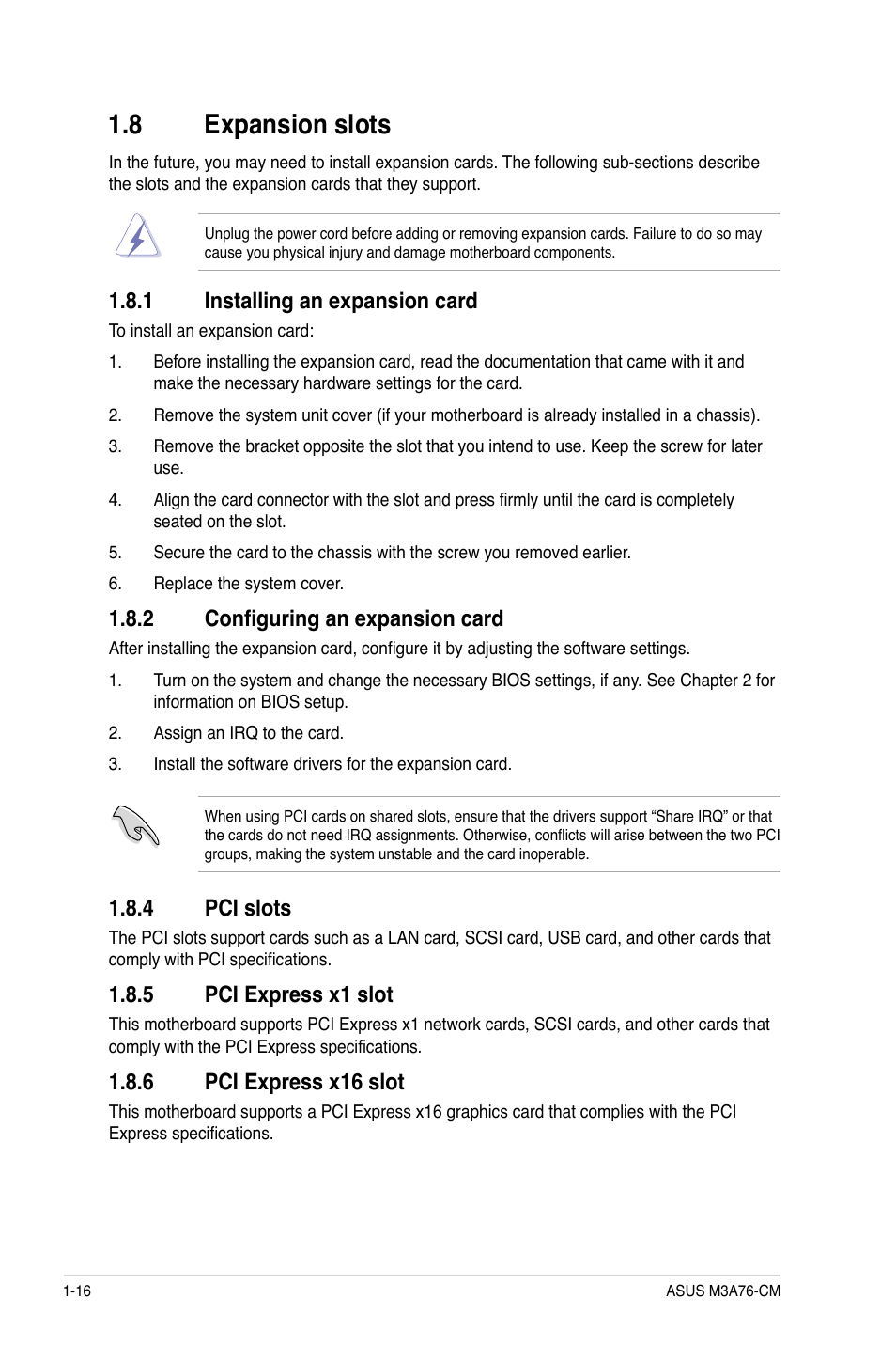 8 expansion slots, 1 installing an expansion card, 2 configuring an expansion card | 4 pci slots, 5 pci express x1 slot, 6 pci express x16 slot, Expansion slots -16 1.8.1, Installing an expansion card -16, Configuring an expansion card -16, Pci slots -16 | Asus M3A76-CM User Manual | Page 26 / 60