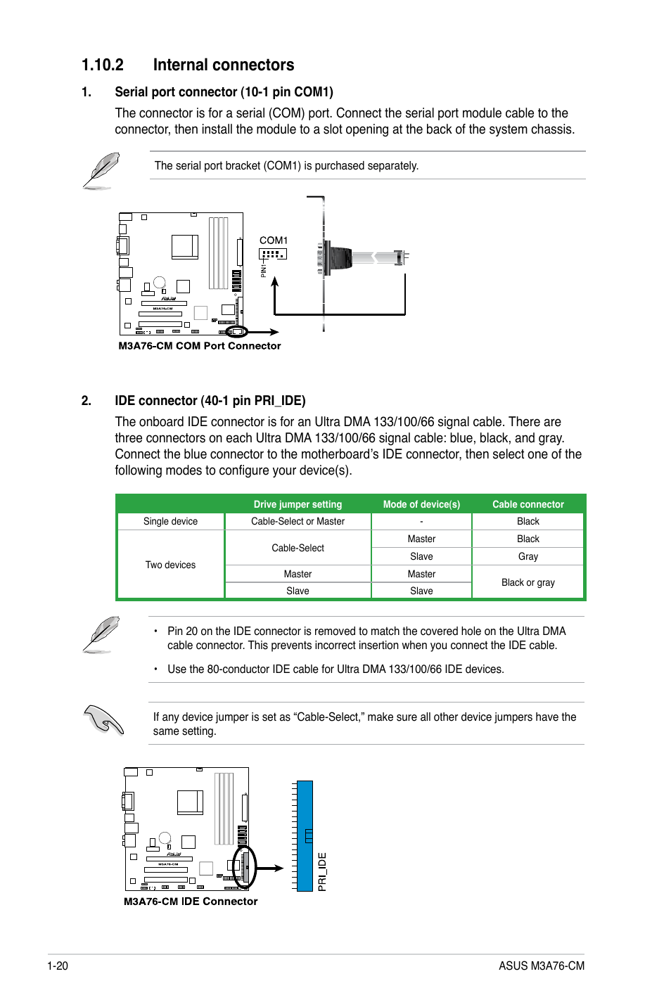 2 internal connectors, 2 internal connectors -20 | Asus M3A76-CM User Manual | Page 30 / 60