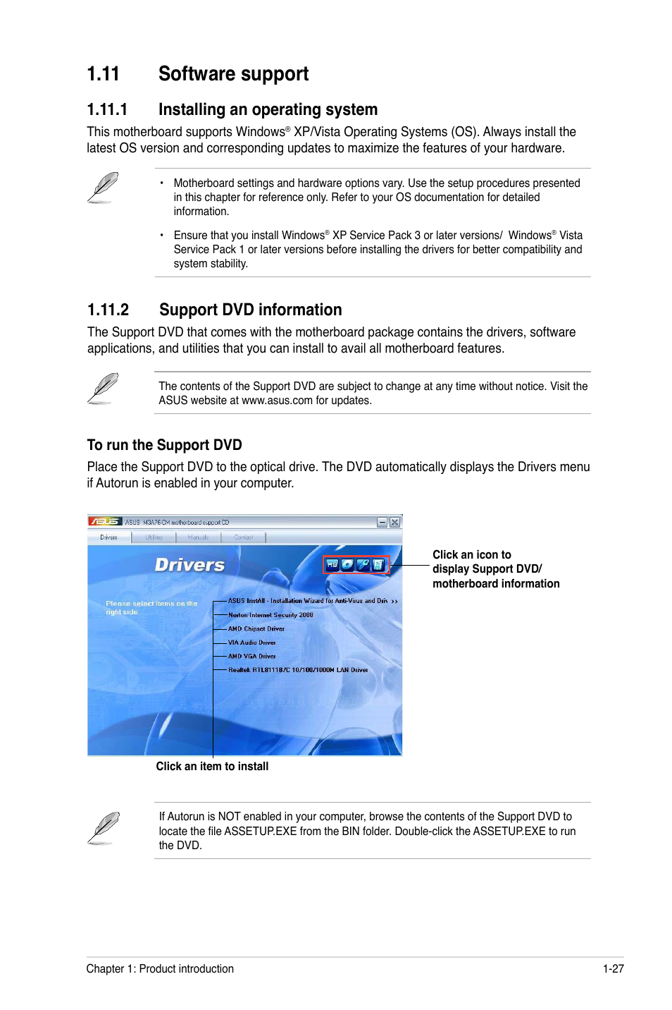 11 software support, 1 installing an operating system, 2 support dvd information | 11 software support -27 | Asus M3A76-CM User Manual | Page 37 / 60