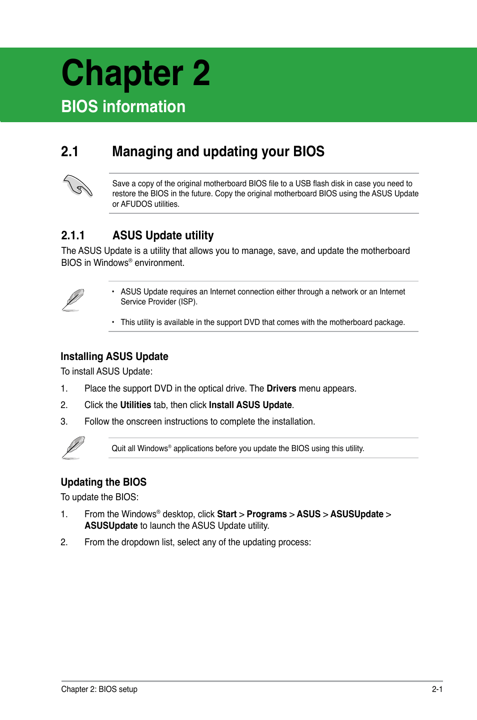 Bios information, 1 managing and updating your bios, 1 asus update utility | Chapter 2: bios information, Managing and updating your bios -1 2.1.1, Asus update utility -1, Chapter 2 | Asus M3A76-CM User Manual | Page 39 / 60