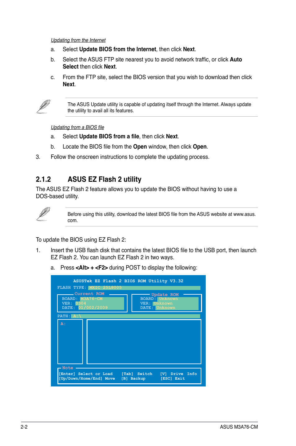 2 asus ez flash 2 utility, Asus ez flash 2 utility -2 | Asus M3A76-CM User Manual | Page 40 / 60